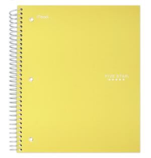 Five Star 1 Subject Notebook Wide Ruled 100 Sheets Yellow Spiral 10.5x8